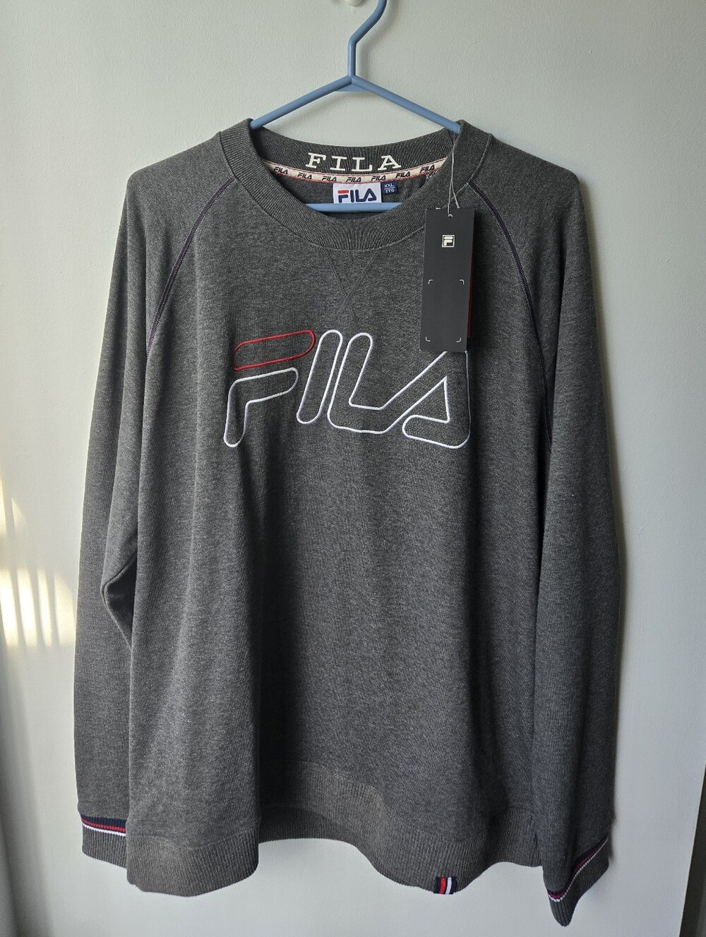 FILA Dark Gray Mens XXL Logo Crewneck Raglan Sweatshirt Embroidered Spellout